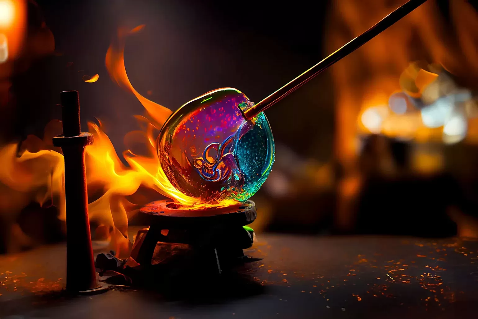 Ey glass blower forming beautiful piece of glass background
